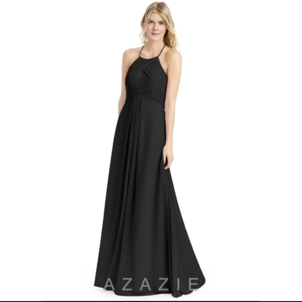 Azazie Ginger black floor length bridesmaid halter chiffon dress size 4